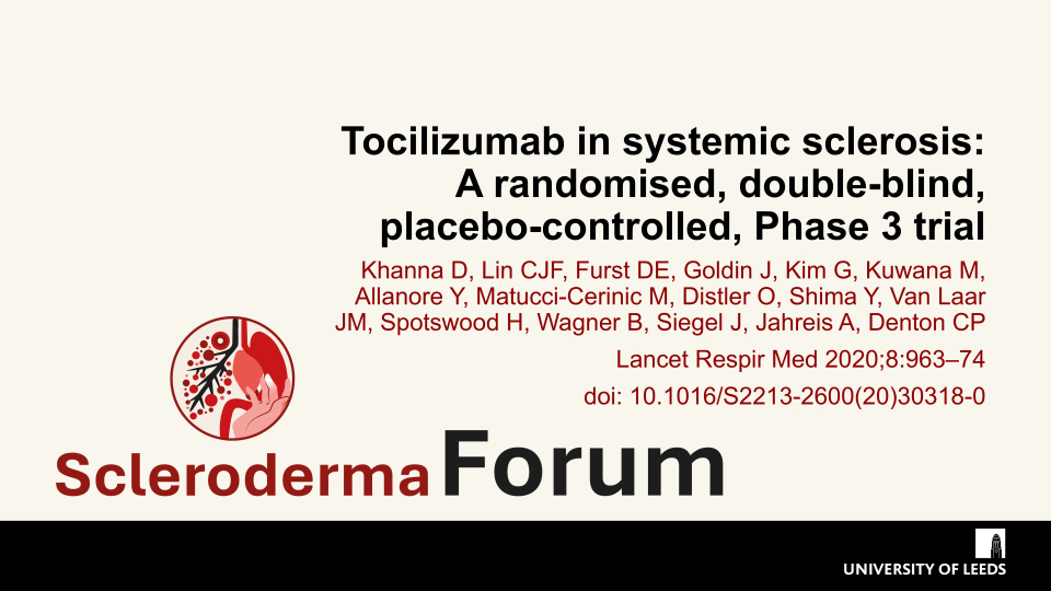 Publication thumbnail: Tocilizumab in systemic sclerosis: A randomised, double-blind, placebo-controlled, Phase 3 trial