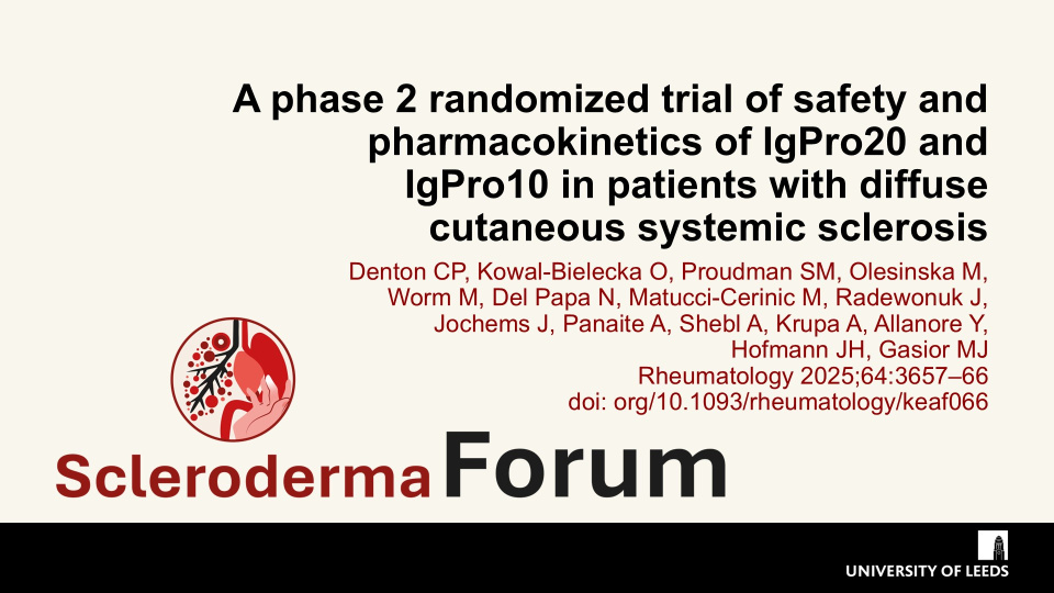 Publication thumbnail: A phase 2 randomized trial of safety and pharmacokinetics of IgPro20 and IgPro10 in patients with diffuse cutaneous systemic sclerosis