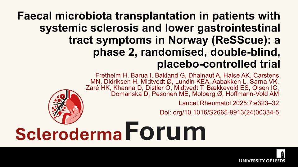 Publication thumbnail: Faecal microbiota transplantation in patients with systemic sclerosis and lower gastrointestinal tract symptoms in Norway (ReSScue): a  phase 2, randomised, double-blind, placebo-controlled trial